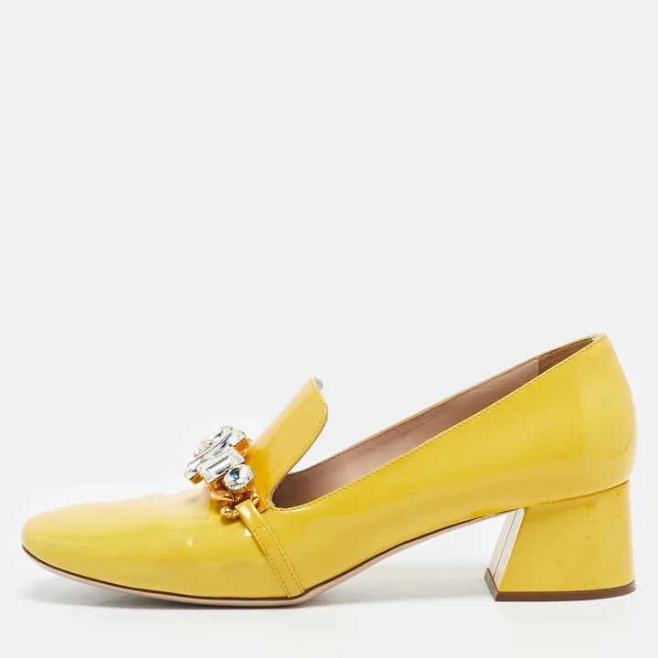 Miu Miu Yellow Patent Leather Crystal Embellished Pumps Size 39.5