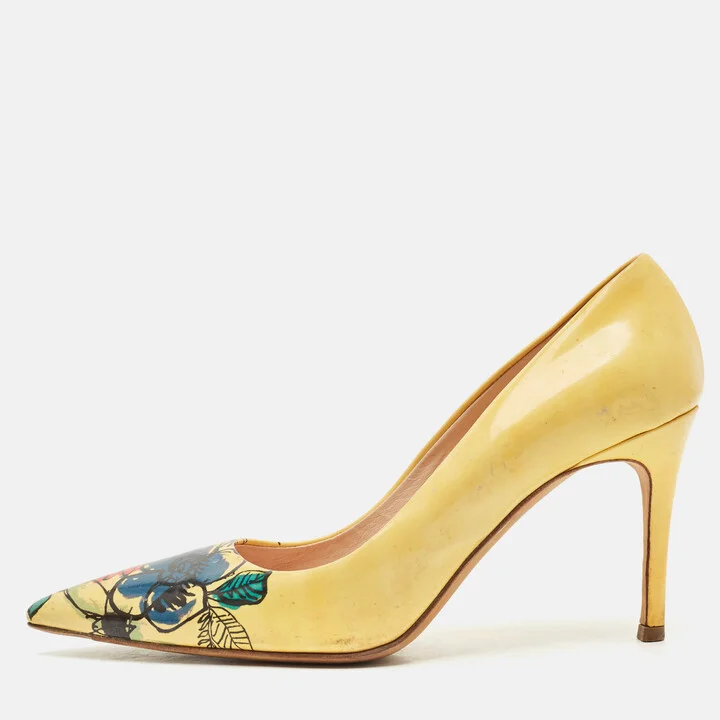 Miu Miu Yellow Patent Leather Floral Print Pumps Size 39