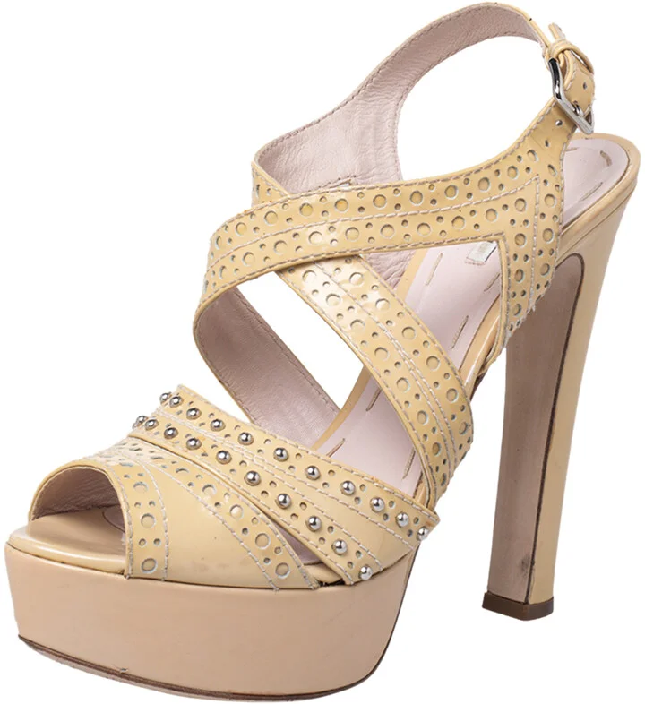 Miu Miu Yellow Patent Leather Peep Toe Platform Ankle Strap Sandals Size 39.5