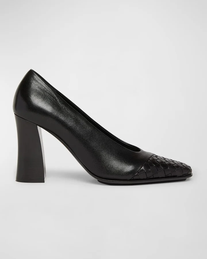 Mixed Leather Block-Heel Pumps