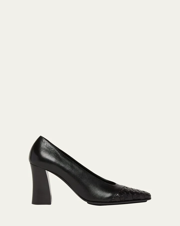 Mixed Leather Block-Heel Pumps