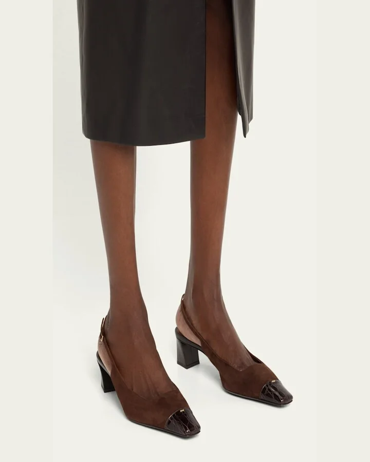 Mixed Leather Cap-Toe Slingback Pumps - Image 6