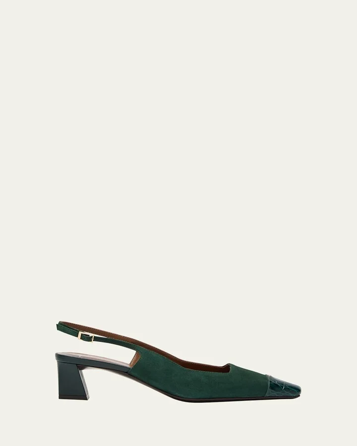 Mixed Leather Cap-Toe Slingback Pumps