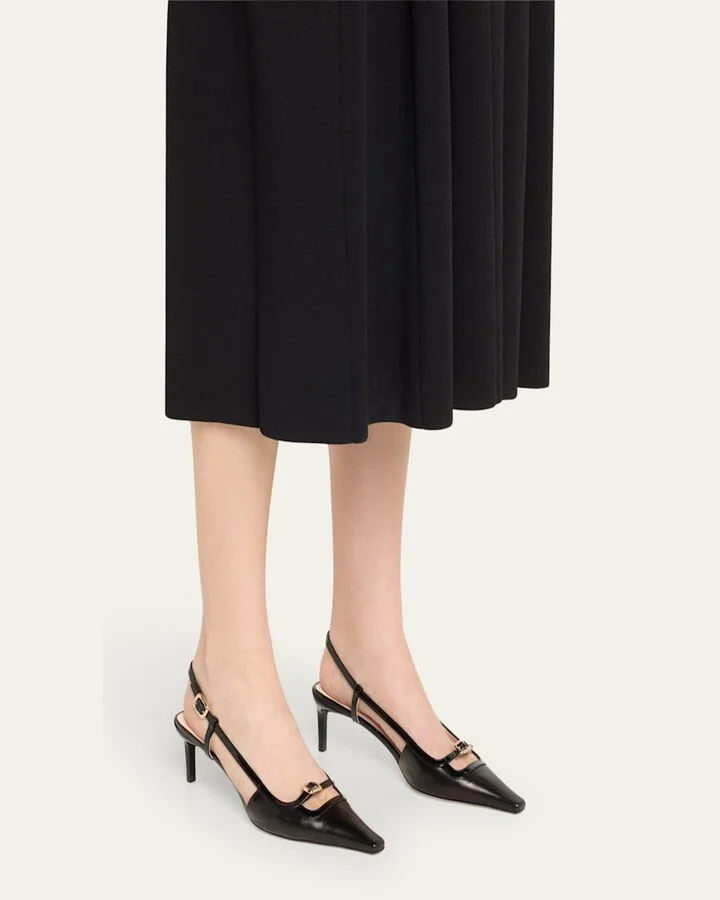 Mixed Leather Mini Buckle Slingback Pumps - Image 11