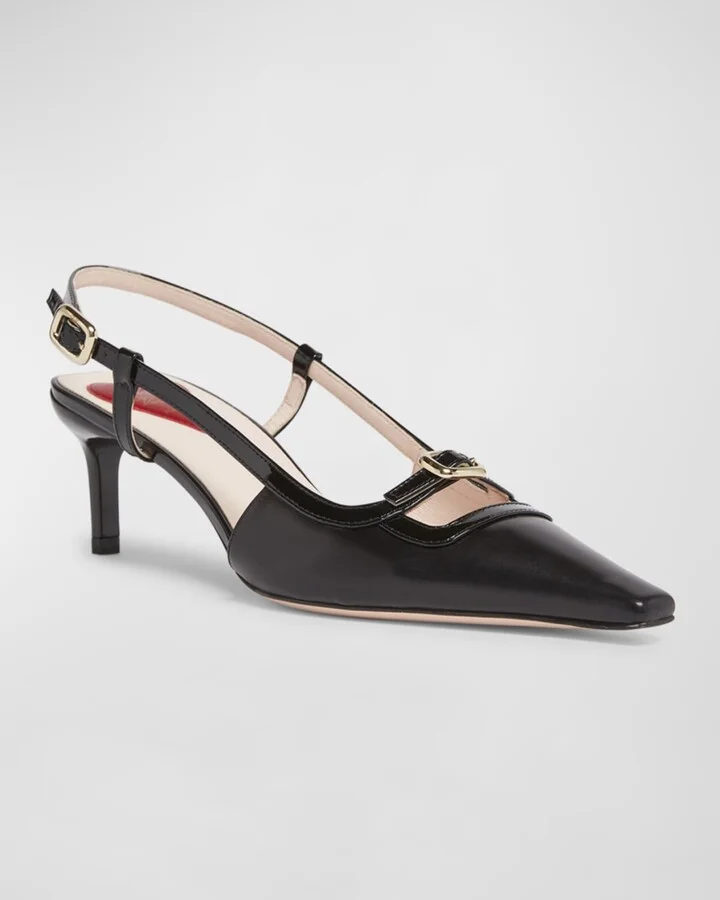 Mixed Leather Mini Buckle Slingback Pumps - Image 3