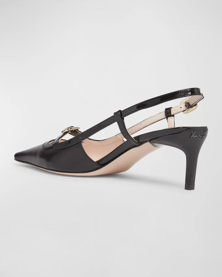 Mixed Leather Mini Buckle Slingback Pumps - Image 5