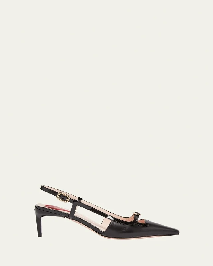 Mixed Leather Mini Buckle Slingback Pumps