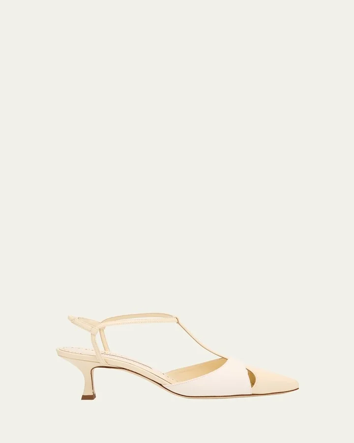 Mixed Leather T-Strap Pumps