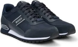 Mixed-material lace-up trainers with suede trims- Dark Blue Men's Sneakers size 9