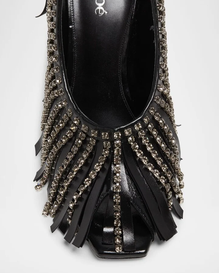 Mona Leather Strass Fringe Peep-Toe Pumps - Image 3