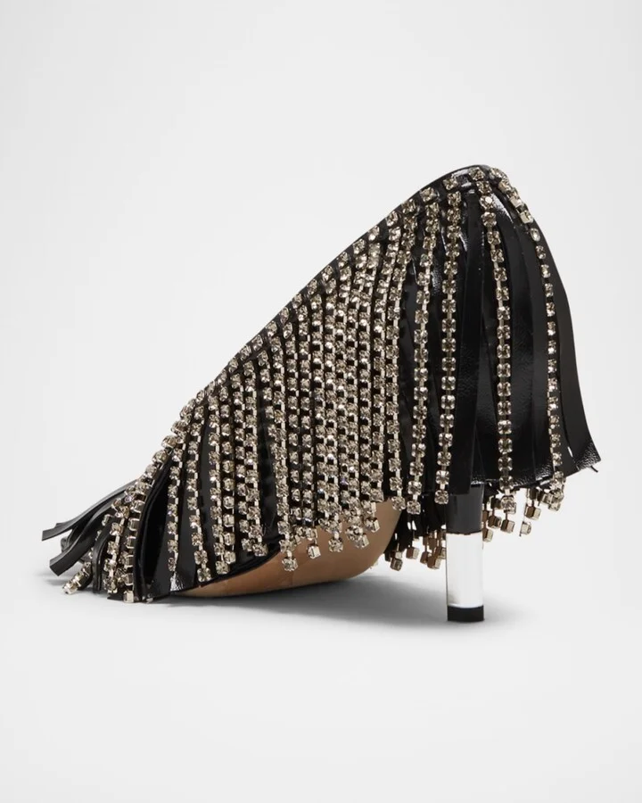 Mona Leather Strass Fringe Peep-Toe Pumps - Image 4