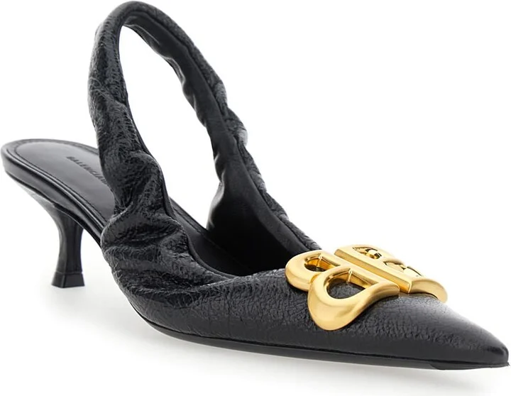 'monaco' Black Slingback Pumps With Logo Plaque On The Front And Low Stiletto Heel In Leather Woman - Image 2