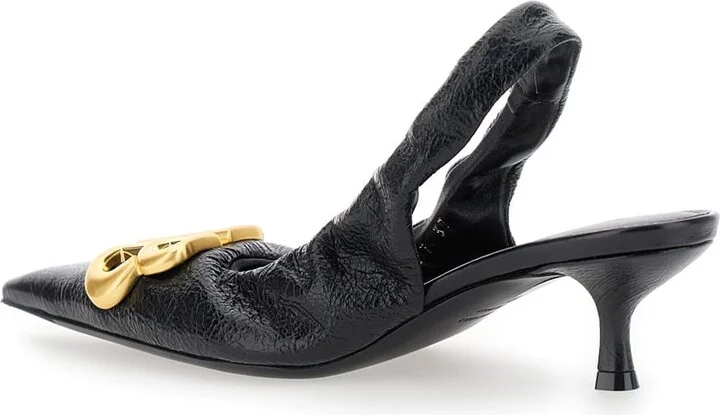 'monaco' Black Slingback Pumps With Logo Plaque On The Front And Low Stiletto Heel In Leather Woman - Image 3