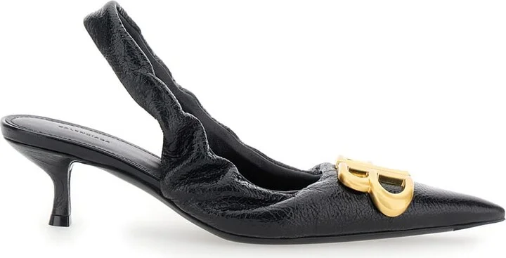 'monaco' Black Slingback Pumps With Logo Plaque On The Front And Low Stiletto Heel In Leather Woman