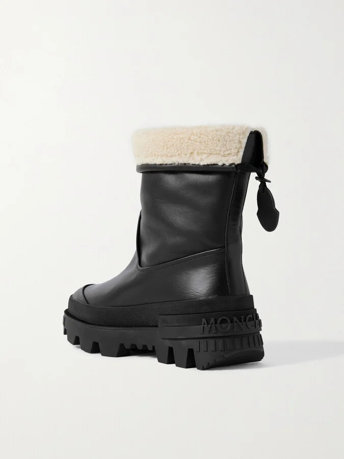 Moncler - Moscova Faux Fur-trimmed Leather Ankle Boots - Black - Image 3