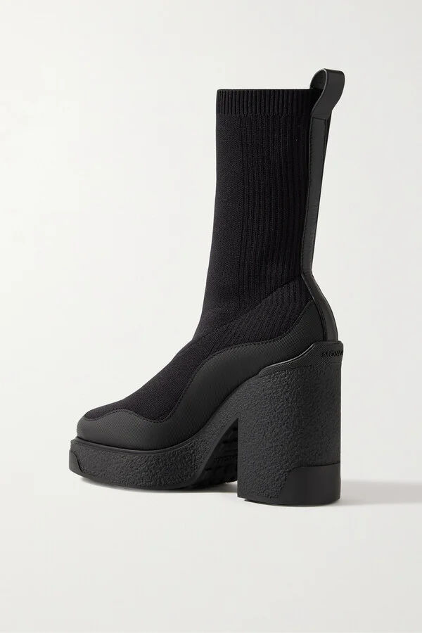 Moncler - Splora Leather And Rubber-trimmed Ribbed Stretch-knit Ankle Boots - Black - Image 3