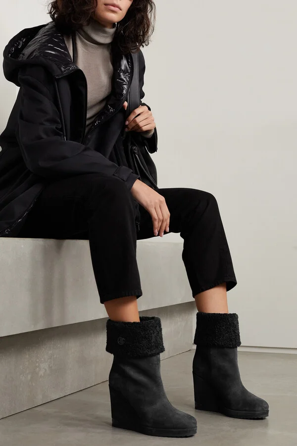 Moncler - W Short Faux Shearling-lined Suede Wedge Ankle Boots - Black - Image 2