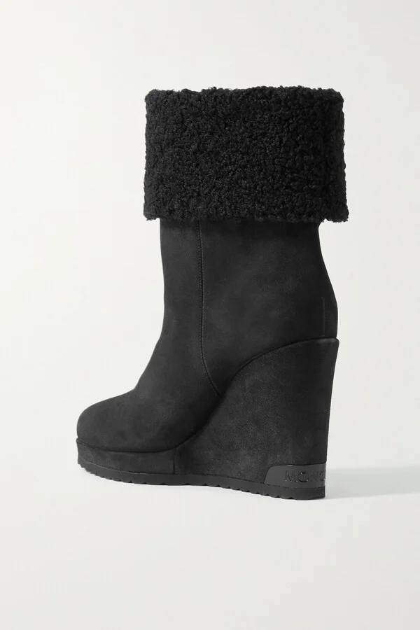 Moncler - W Short Faux Shearling-lined Suede Wedge Ankle Boots - Black - Image 3