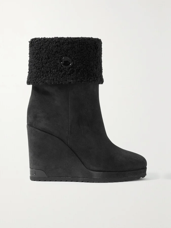 Moncler - W Short Faux Shearling-lined Suede Wedge Ankle Boots - Black
