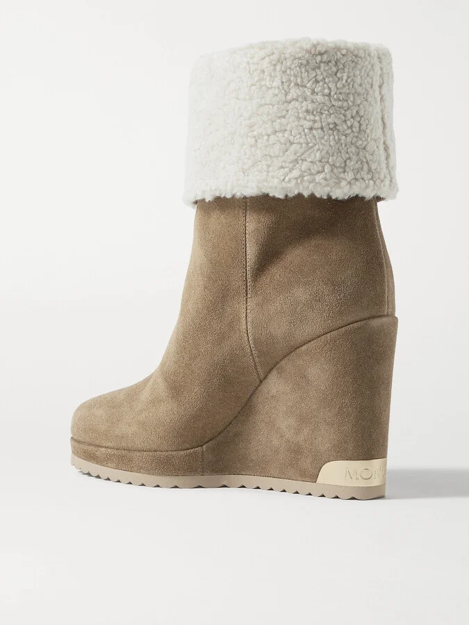 Moncler - W Short Shearling-lined Suede Wedge Ankle Boots - Brown - Image 3