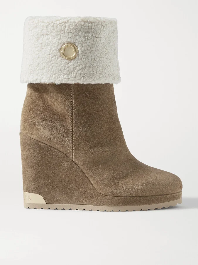 Moncler - W Short Shearling-lined Suede Wedge Ankle Boots - Brown