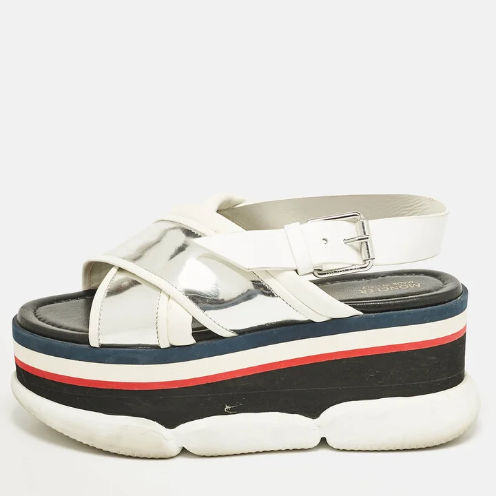 Moncler White/Silver Leather Zelda Platform Sandals Size 37