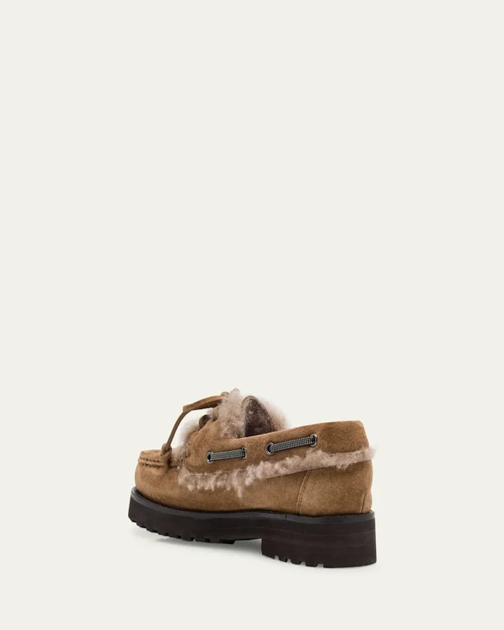 Monili Detail Shearling-Lined Suede Boat Shoes - Image 2