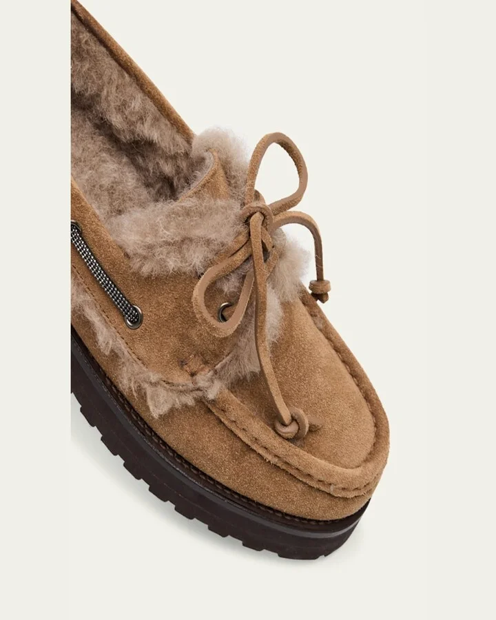 Monili Detail Shearling-Lined Suede Boat Shoes - Image 4