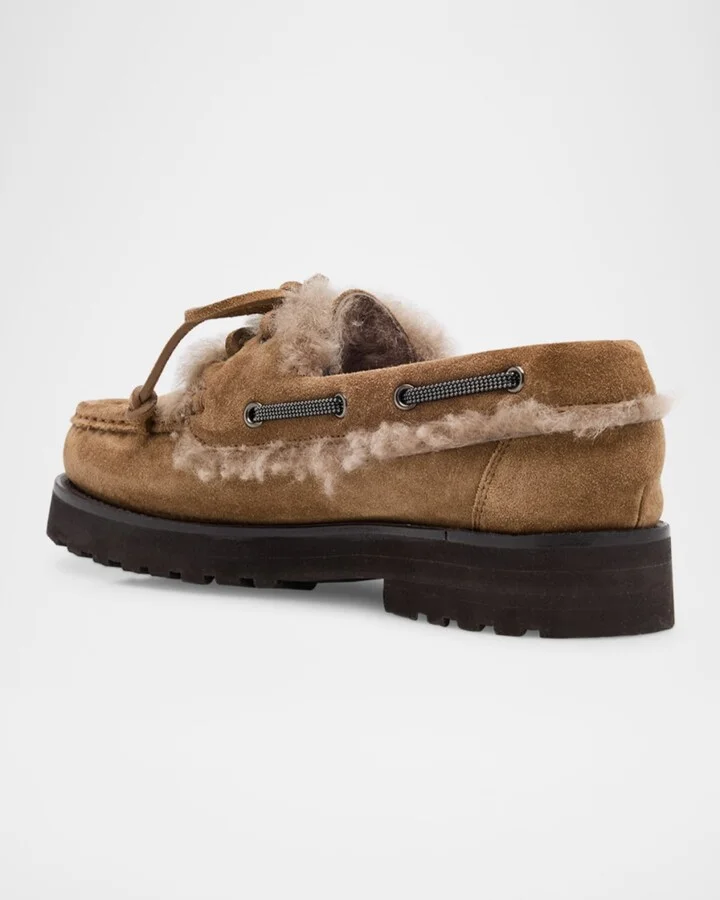 Monili Detail Shearling-Lined Suede Boat Shoes - Image 4