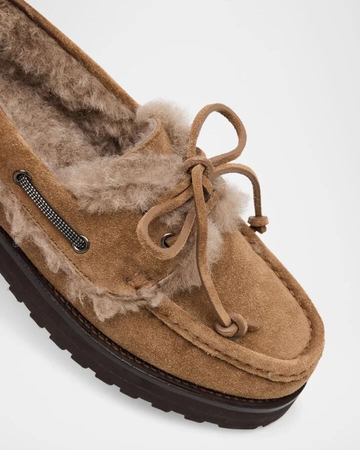 Monili Detail Shearling-Lined Suede Boat Shoes - Image 9