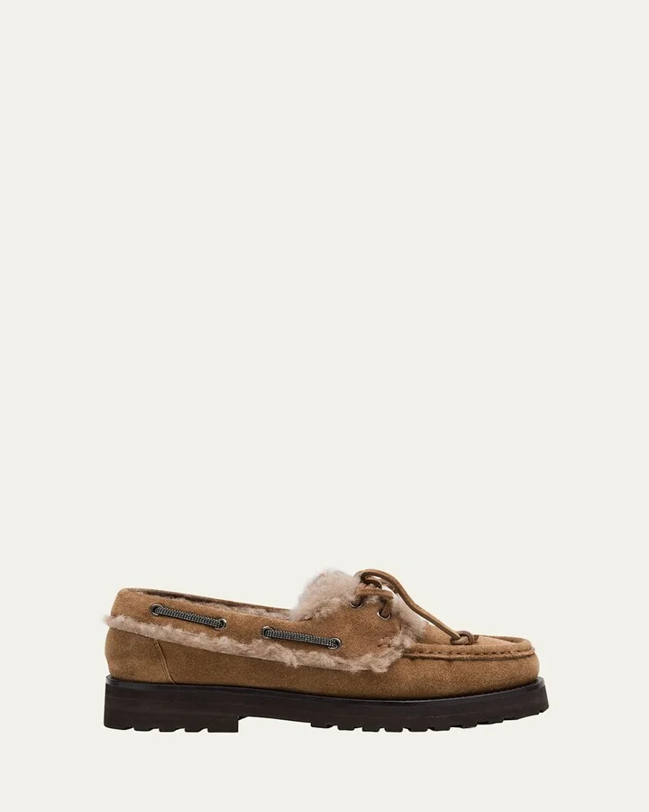 Monili Detail Shearling-Lined Suede Boat Shoes