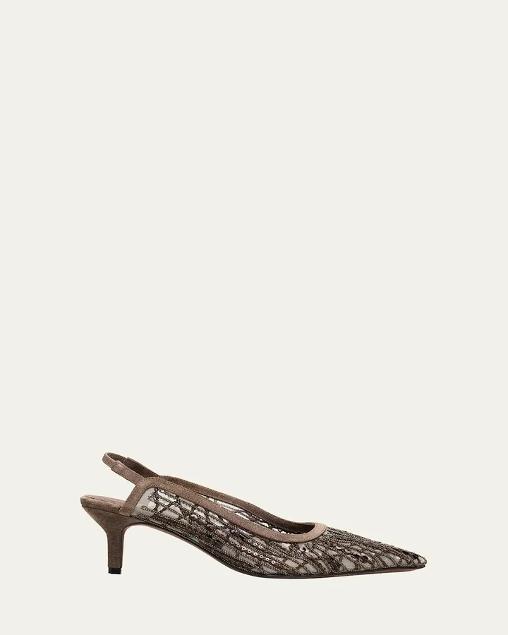Monili Suede Kitten-Heel Slingback Pumps