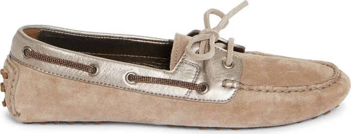 Monili Trim Metallic Leather & Suede Driving Shoe - Image 3