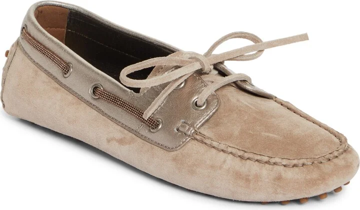 Monili Trim Metallic Leather & Suede Driving Shoe