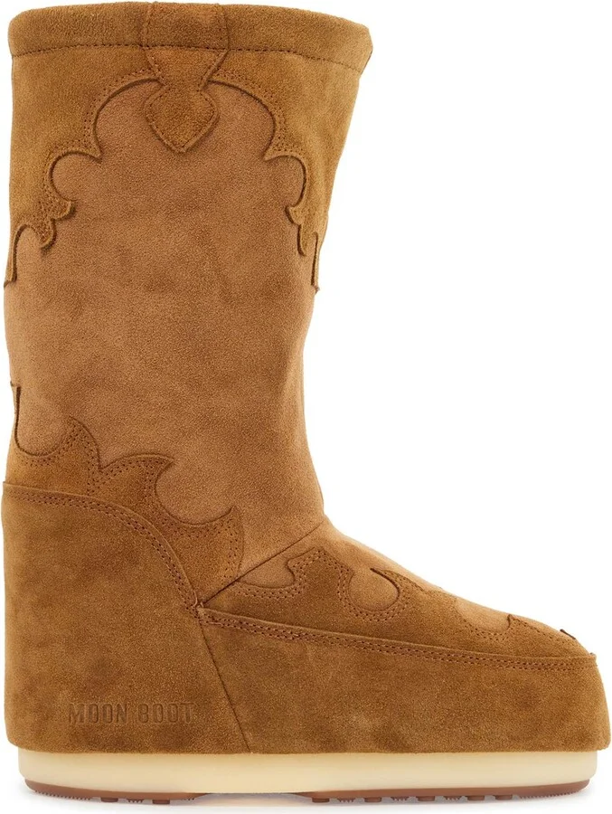 MOON BOOT high suede boots in cognac with wedge embroidery