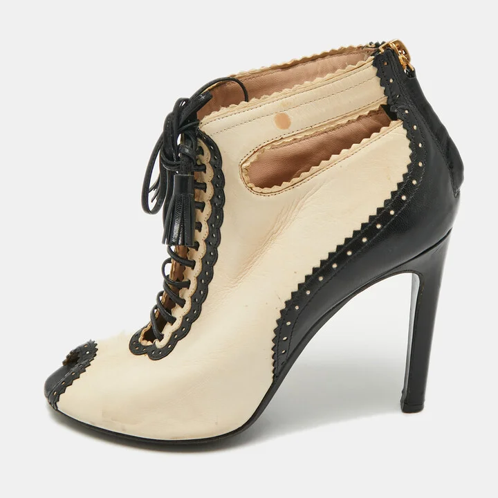 Moschino Beige/Black Leather Cutot Peep Toe Ankle Boots Size 36