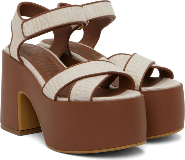 Moschino Beige & Brown Logo Heeled Sandals - Image 4