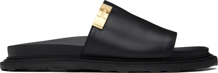 Moschino Black Calfskin Logo Plaque Sandals