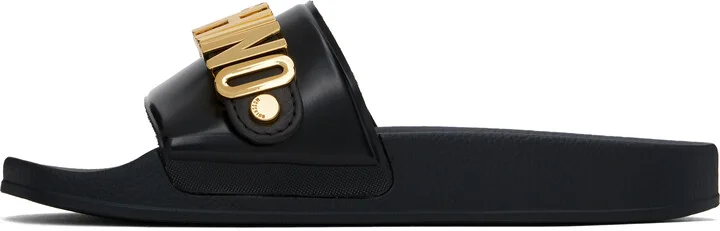Moschino Black Lettering Logo Pool Slides - Image 3
