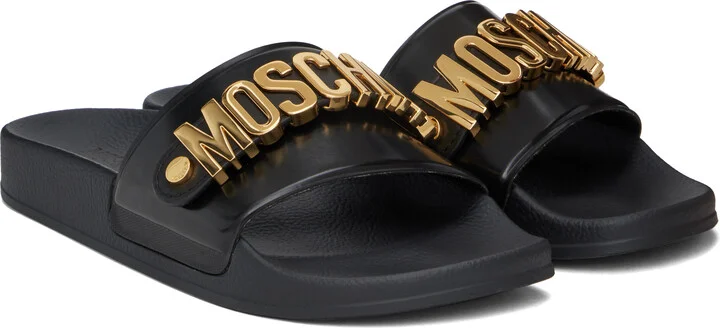 Moschino Black Lettering Logo Pool Slides - Image 4