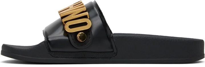 Moschino Black Lettering Logo Pool Slides - Image 3
