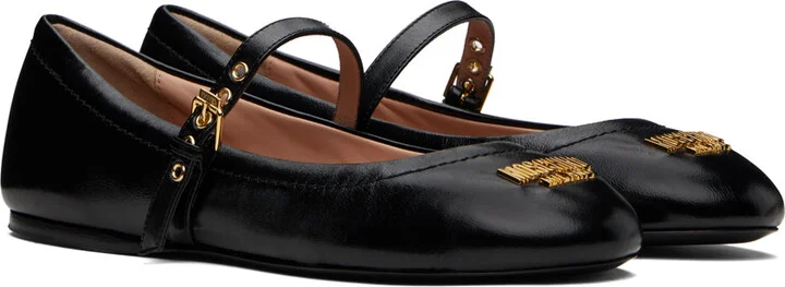 Moschino Black Metal Logo Shiny Calfskin Ballerina Flats - Image 4