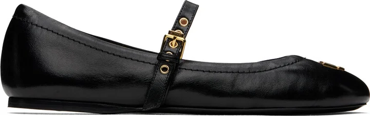 Moschino Black Metal Logo Shiny Calfskin Ballerina Flats