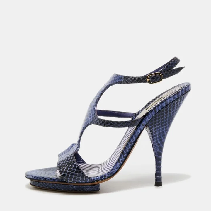 Moschino Blue/Black Python Leather Ankle Strap Sandals Size 37.5