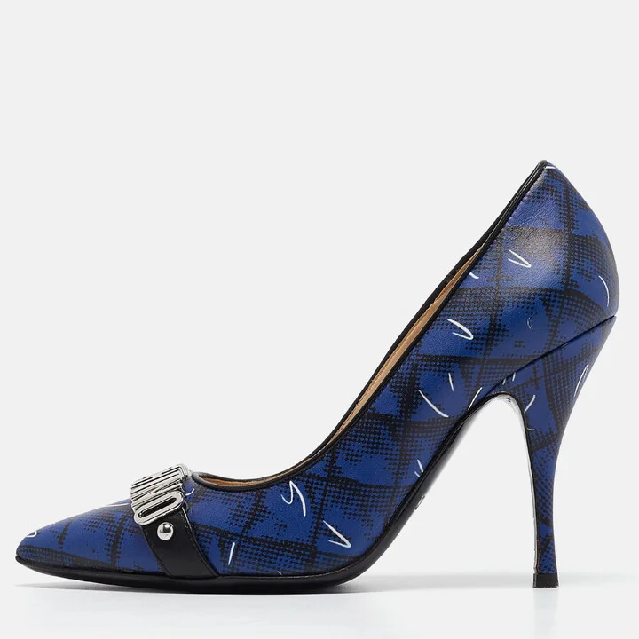 Moschino Blue Printed Leather Logo Buckle Pointed Toe Pumps Size 36