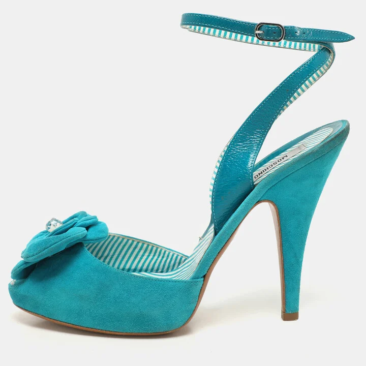 Moschino Blue Suede Flower Applique Ankle Strap Pumps Size 39.5