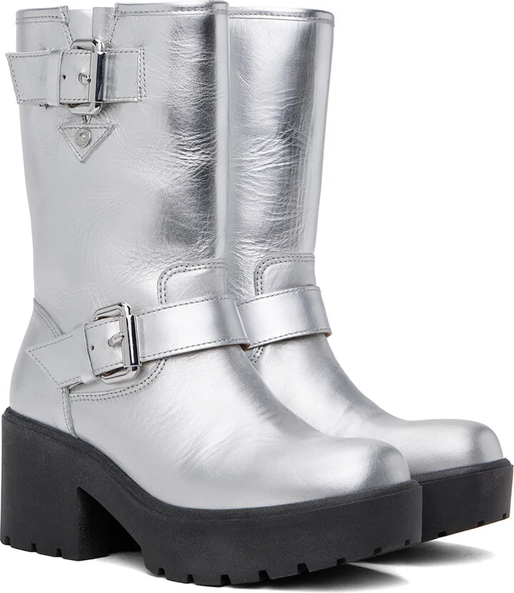 Moschino Jeans Silver Pin-Buckle Boots - Image 4