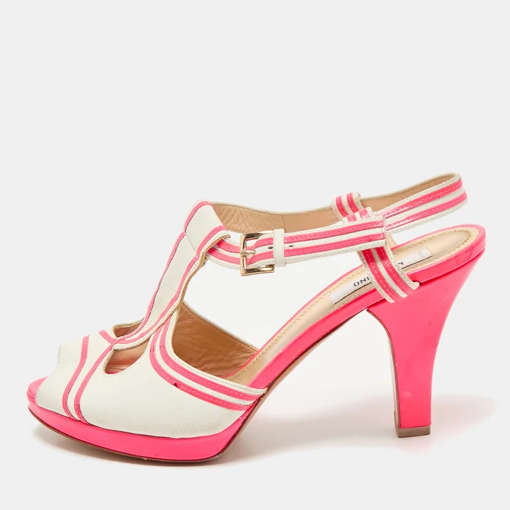 Moschino Neon Pink/White Leather Strappy Peep Toe Sandals Size 39