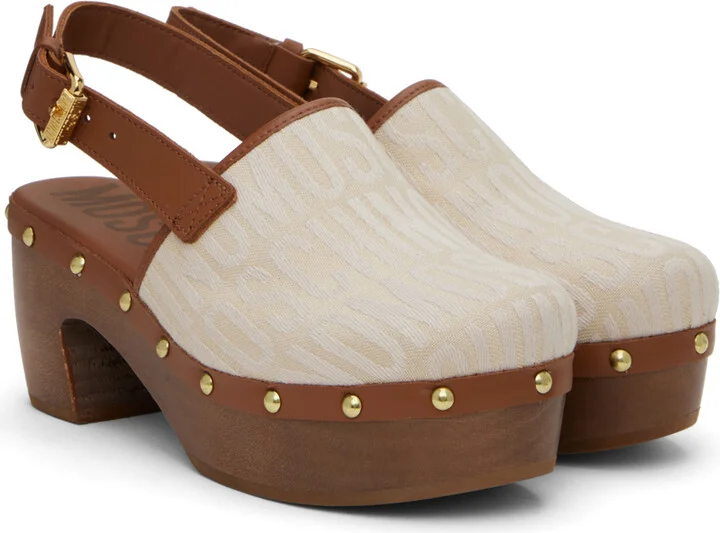 Moschino Off-White & Brown Allover Logo Canvas Mules - Image 4