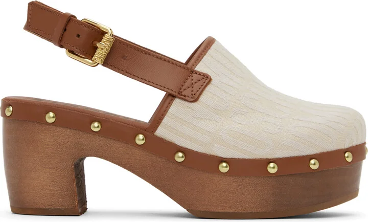 Moschino Off-White & Brown Allover Logo Canvas Mules